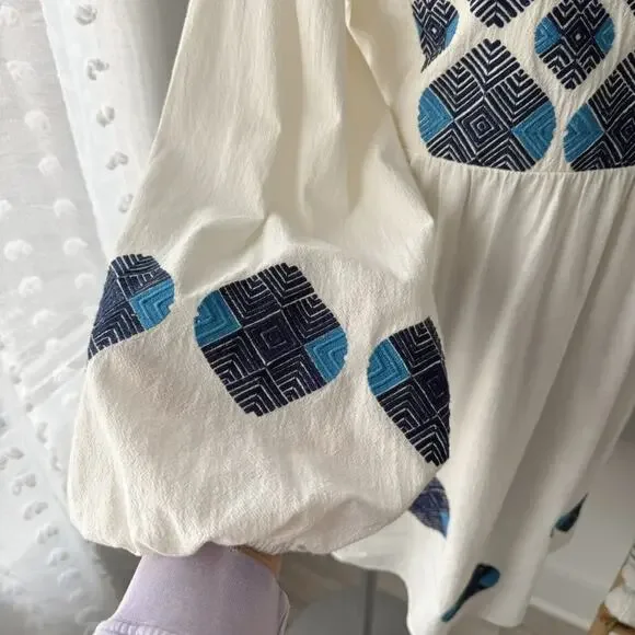 Figue Lucie White Blue Embroidered Pom Pom Long Balloon Sleeves Boho Mini Dress - Picture 5 of 13